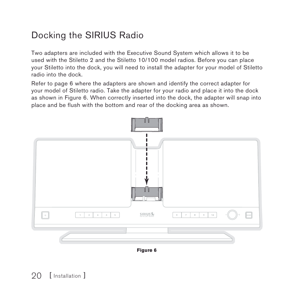 Docking the sirius radio | Sirius Satellite Radio stiletto-SLEX2 10/100 User Manual | Page 20 / 40