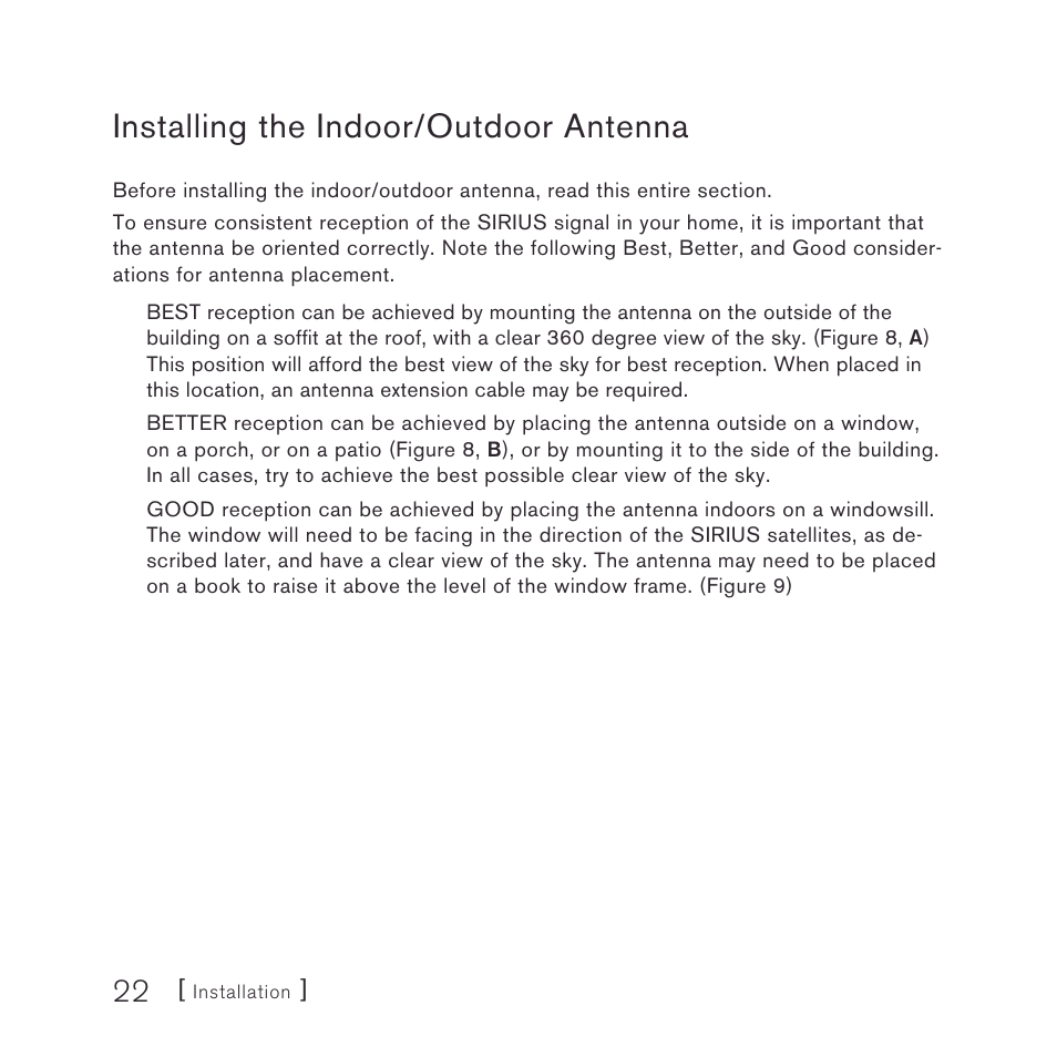 Installing the indoor/outdoor antenna | Sirius Satellite Radio stiletto-SLEX2 10/100 User Manual | Page 22 / 40