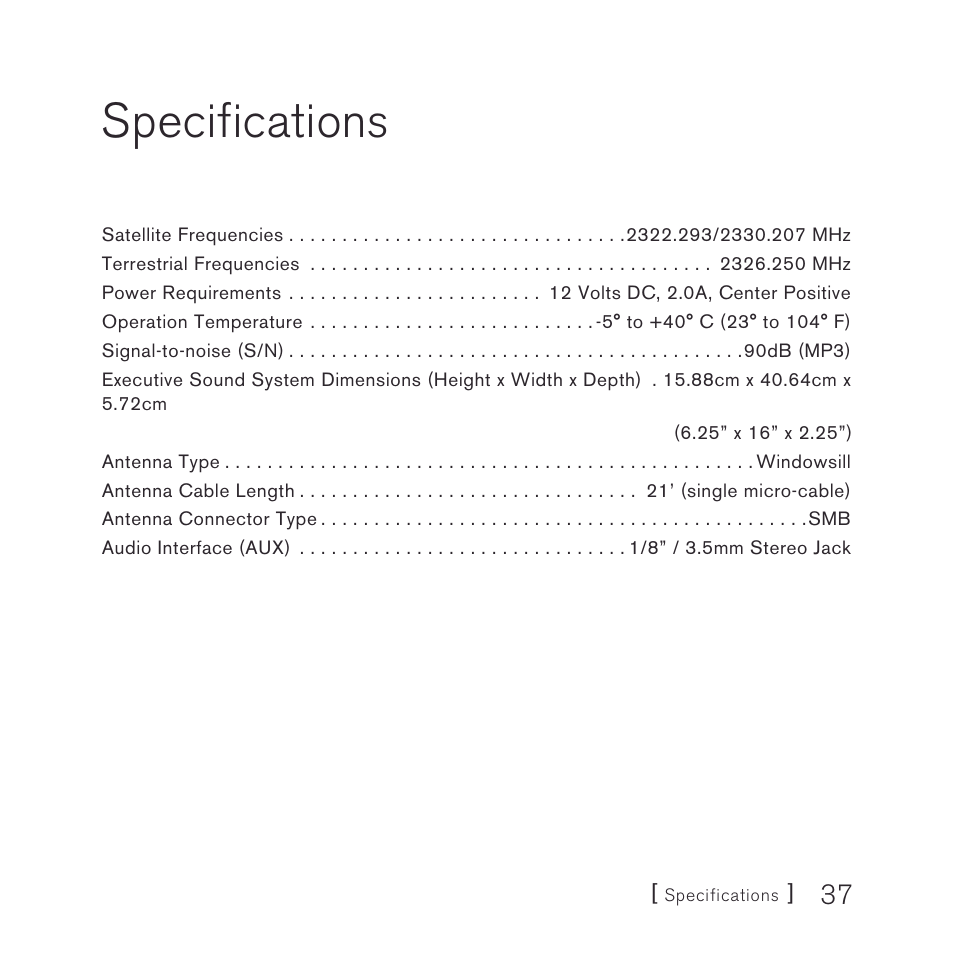 Specifications | Sirius Satellite Radio stiletto-SLEX2 10/100 User Manual | Page 37 / 40