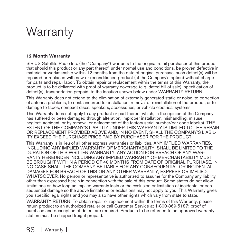 Warranty | Sirius Satellite Radio stiletto-SLEX2 10/100 User Manual | Page 38 / 40