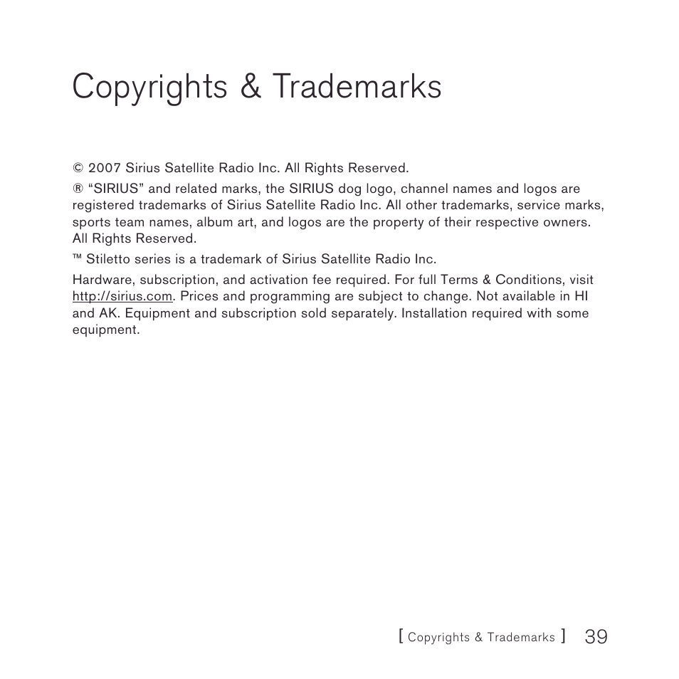 Copyrights & trademarks | Sirius Satellite Radio stiletto-SLEX2 10/100 User Manual | Page 39 / 40