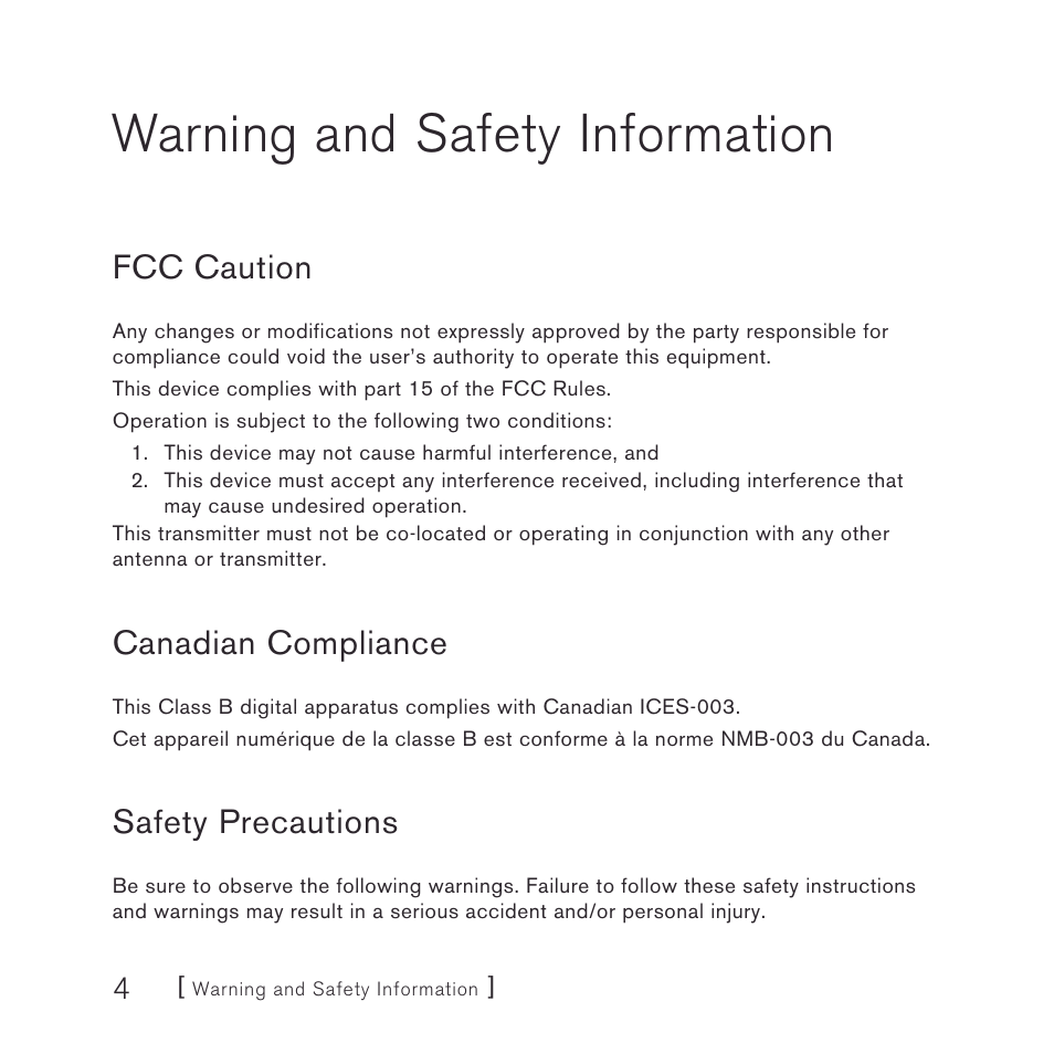 Warning and safety information, Fcc caution, Canadian compliance | Safety precautions | Sirius Satellite Radio stiletto-SLEX2 10/100 User Manual | Page 4 / 40