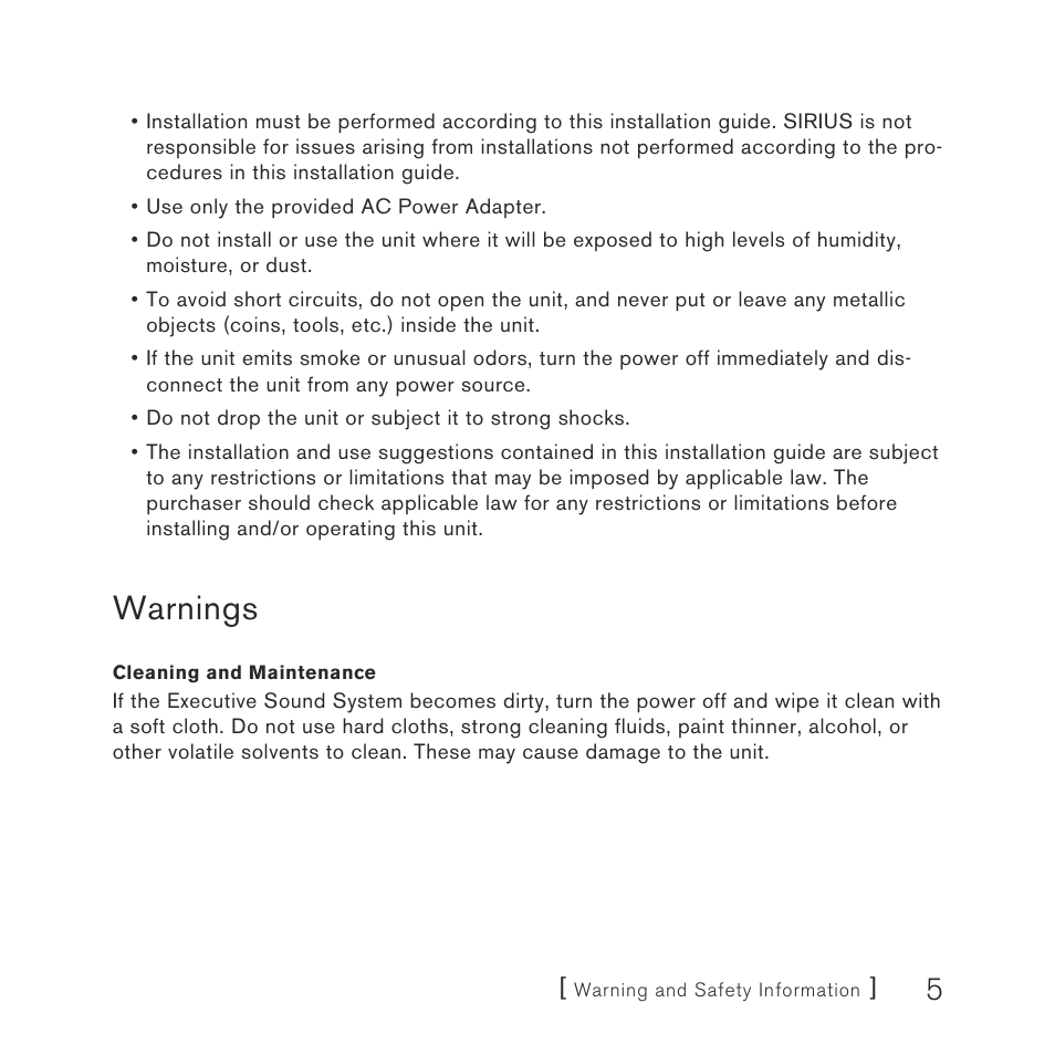 Warnings | Sirius Satellite Radio stiletto-SLEX2 10/100 User Manual | Page 5 / 40