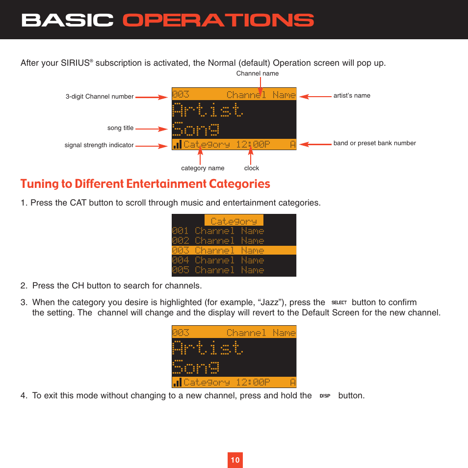 Basic operations, Artist song, Tuning to different entertainment categories | Sirius Satellite Radio XTR2CK User Manual | Page 14 / 44