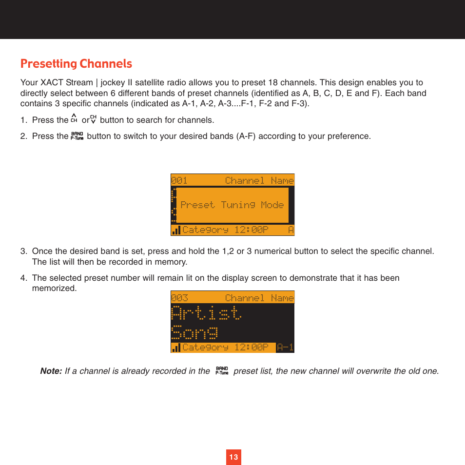 Artist song, Presetting channels | Sirius Satellite Radio XTR2CK User Manual | Page 17 / 44