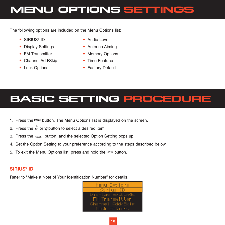 Basic setting procedure, Menu options settings | Sirius Satellite Radio XTR2CK User Manual | Page 22 / 44