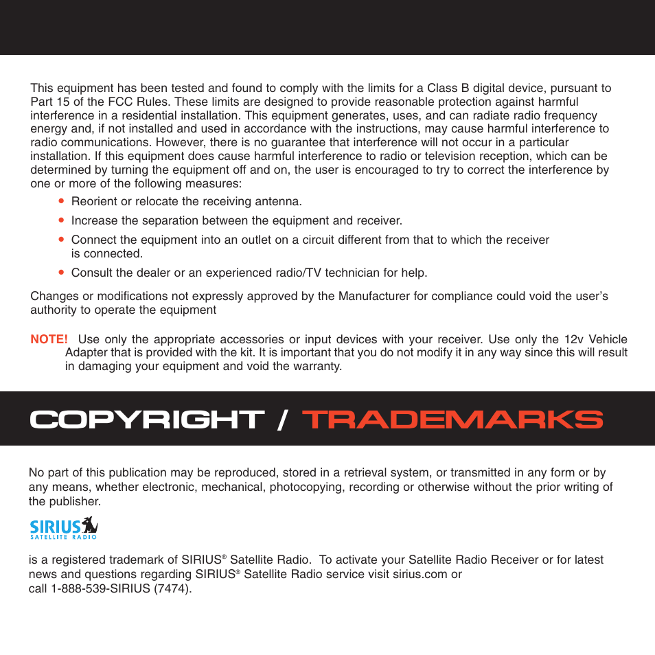 Copyright / trademarks | Sirius Satellite Radio XTR2CK User Manual | Page 3 / 44