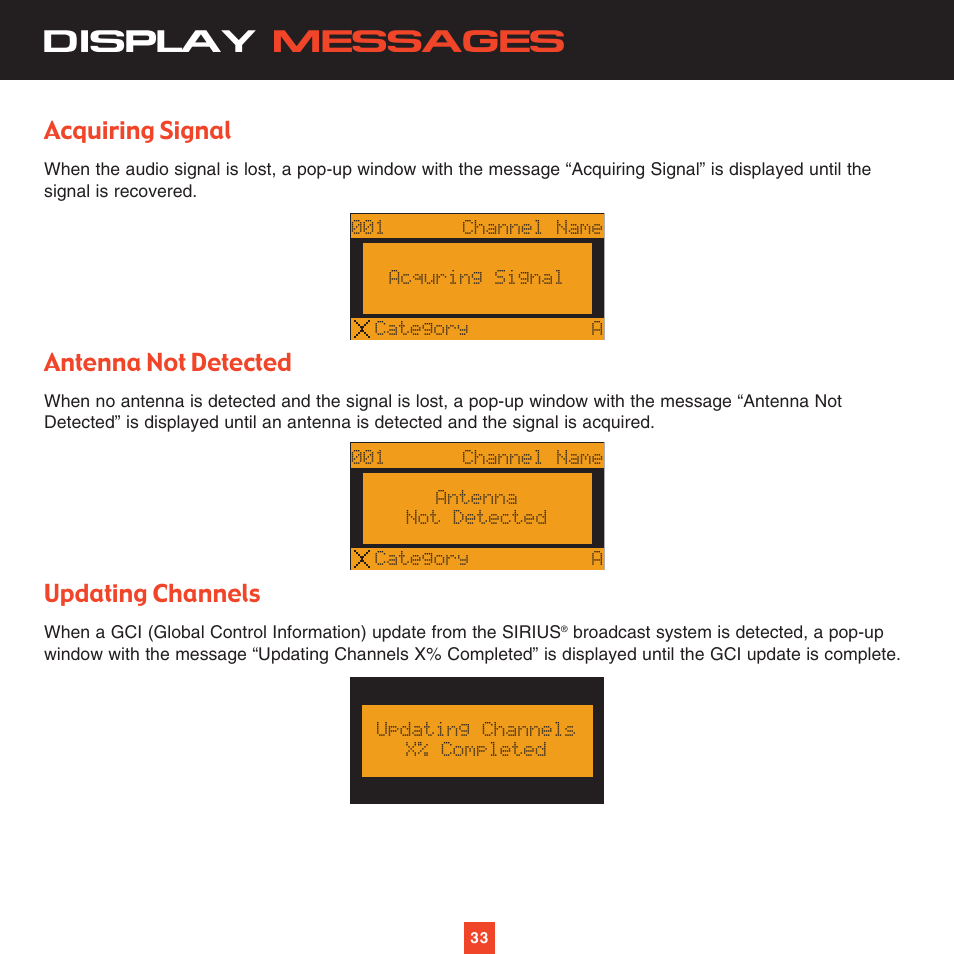 Display messages, Acquiring signal, Antenna not detected | Updating channels | Sirius Satellite Radio XTR2CK User Manual | Page 37 / 44