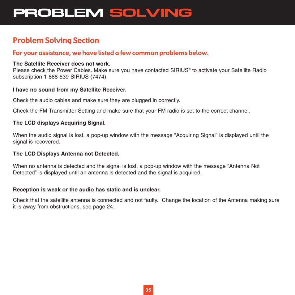 Problem solving | Sirius Satellite Radio XTR2CK User Manual | Page 39 / 44