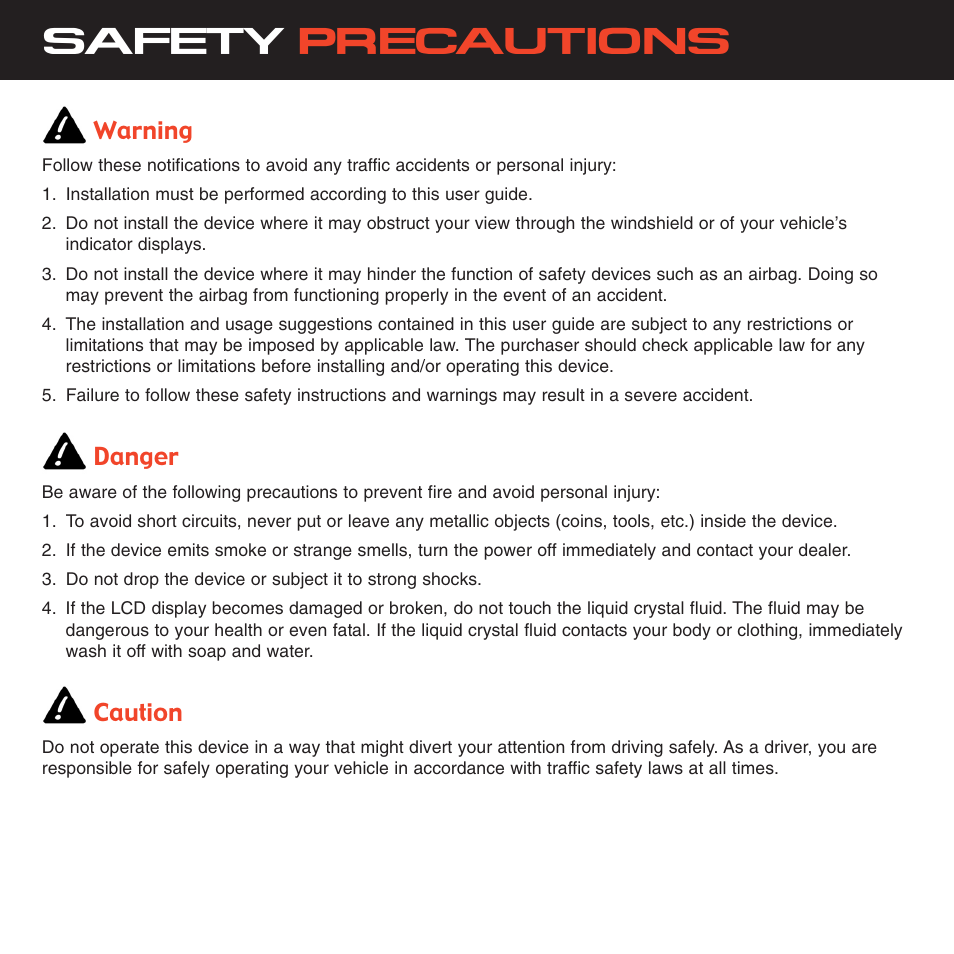 Safety precautions, Warning, Danger | Caution | Sirius Satellite Radio XTR2CK User Manual | Page 4 / 44