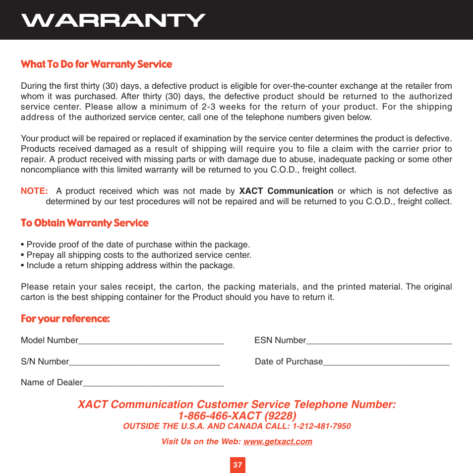 Warranty | Sirius Satellite Radio XTR2CK User Manual | Page 41 / 44