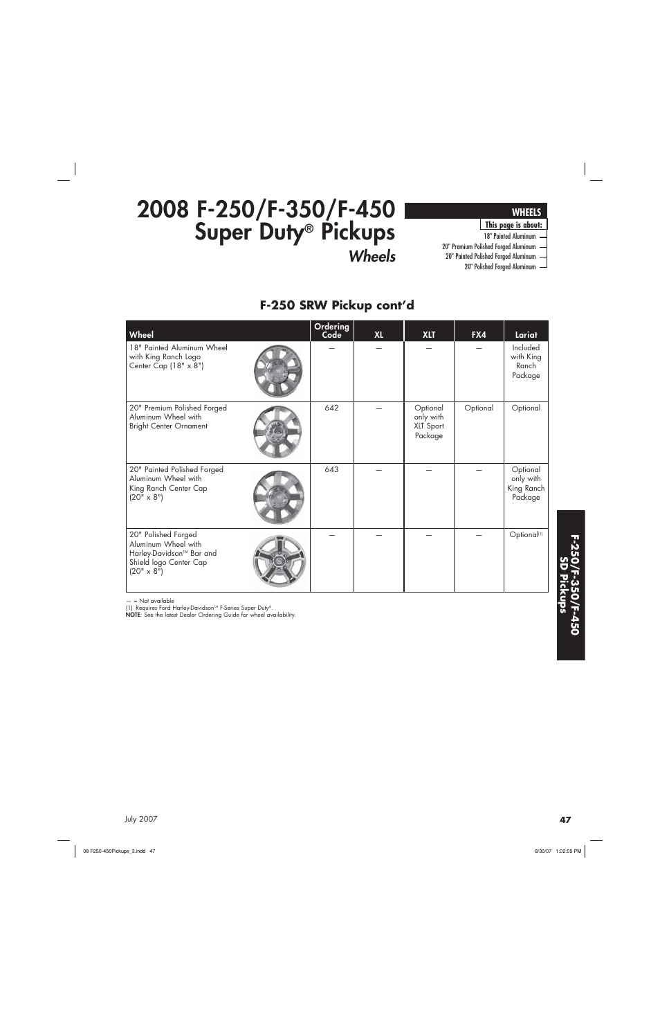 Pickups, Wheels, F-250 srw pickup cont’d | Sirius Satellite Radio Super Duty F-450 User Manual | Page 47 / 80