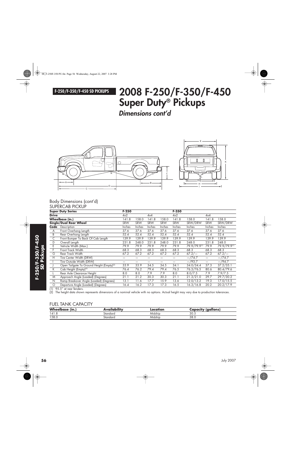 Pickups, Dimensions cont’d, Body dimensions (cont’d) supercab pickup | Fuel tank capacity | Sirius Satellite Radio Super Duty F-450 User Manual | Page 56 / 80