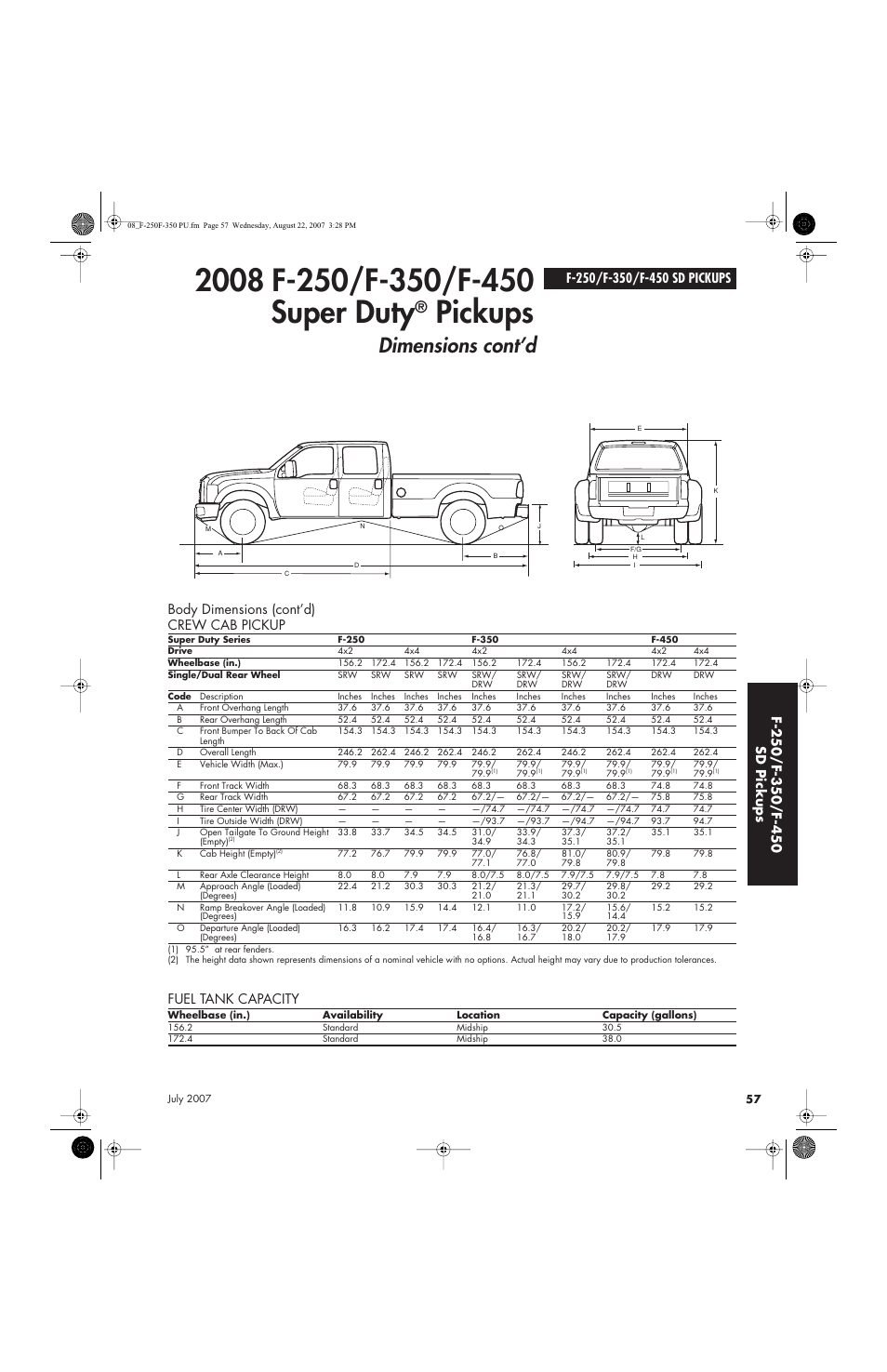 Pickups, Dimensions cont’d, Body dimensions (cont’d) crew cab pickup | Fuel tank capacity | Sirius Satellite Radio Super Duty F-450 User Manual | Page 57 / 80