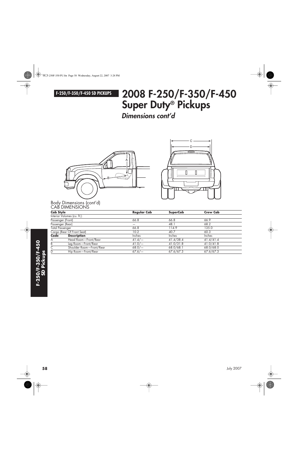 Pickups, Dimensions cont’d | Sirius Satellite Radio Super Duty F-450 User Manual | Page 58 / 80