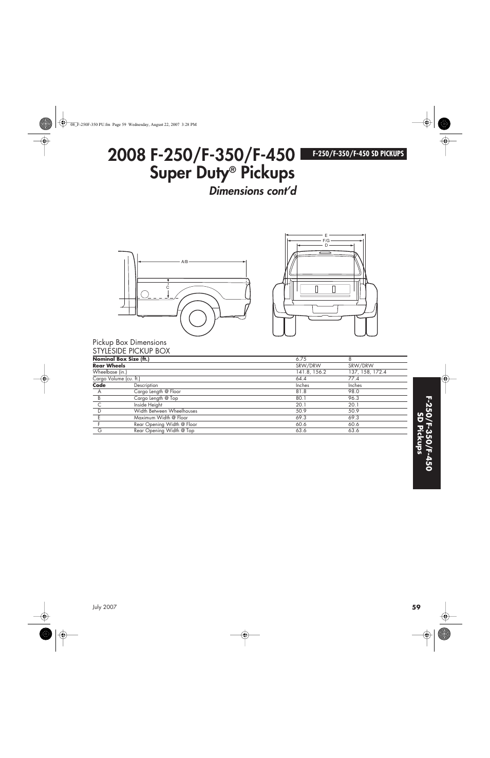 Pickups, Dimensions cont’d | Sirius Satellite Radio Super Duty F-450 User Manual | Page 59 / 80