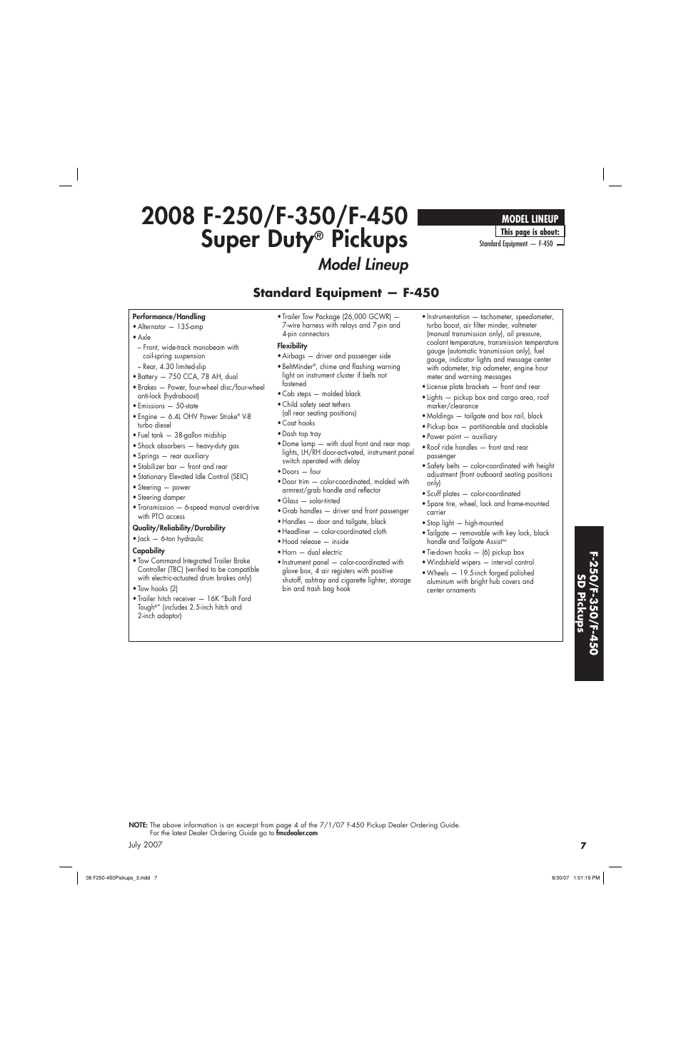 Pickups, Model lineup, Standard equipment — f-450 | Sirius Satellite Radio Super Duty F-450 User Manual | Page 7 / 80