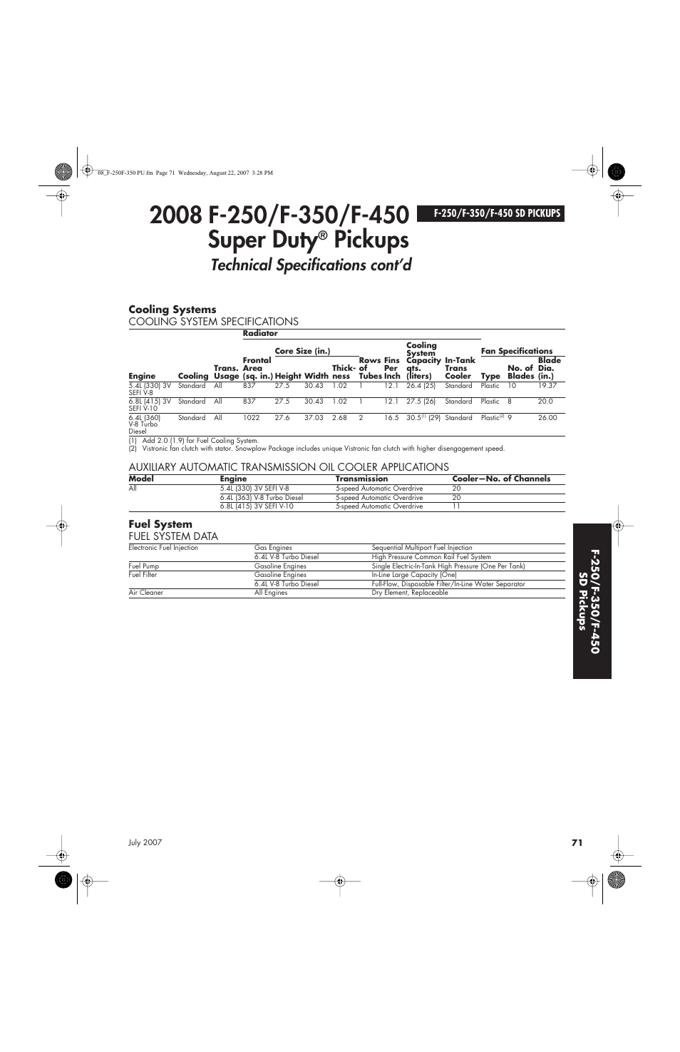 Pickups, Technical specifications cont’d, Cooling systems cooling system specifications | Fuel system fuel system data | Sirius Satellite Radio Super Duty F-450 User Manual | Page 71 / 80