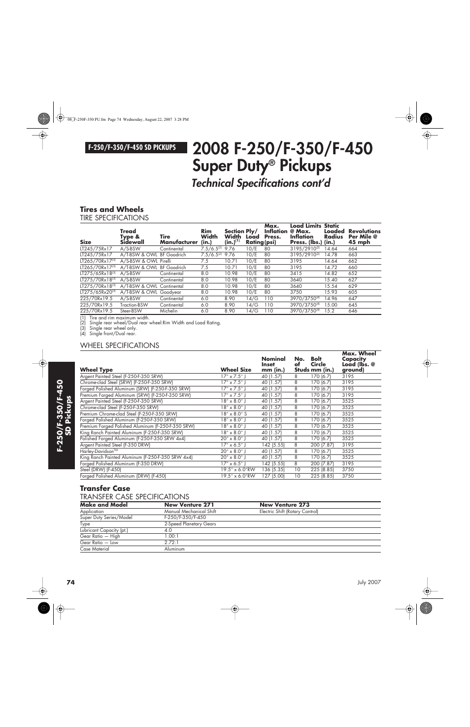 Pickups, Technical specifications cont’d, Wheel specifications | Transfer case transfer case specifications | Sirius Satellite Radio Super Duty F-450 User Manual | Page 74 / 80