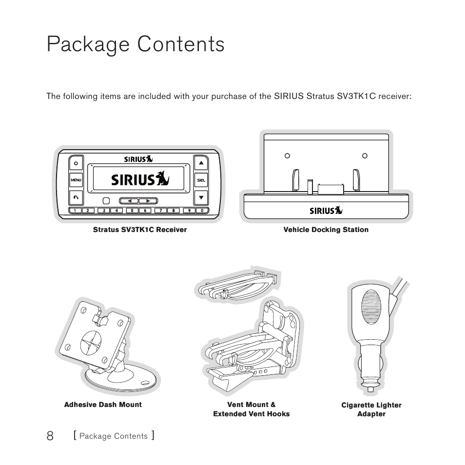 Package contents | Sirius Satellite Radio SV3TK1C User Manual | Page 10 / 48