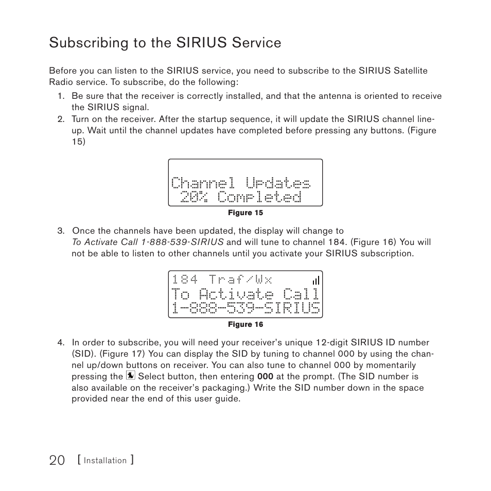 Subscribing to the sirius service, Channel updates 20% completed | Sirius Satellite Radio SV3TK1C User Manual | Page 22 / 48