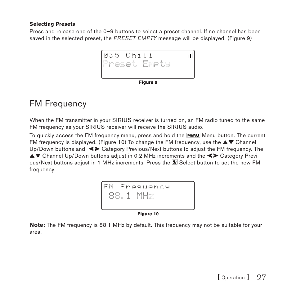 Fm frequency, Preset empty, 1 mhz | Sirius Satellite Radio SV3TK1C User Manual | Page 29 / 48