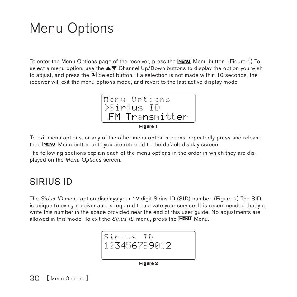 Menu options, Sirius id, Sirius id fm transmitter | Sirius Satellite Radio SV3TK1C User Manual | Page 32 / 48