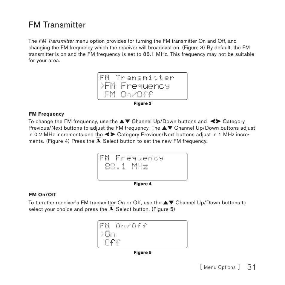 Fm transmitter, Fm frequency fm on/off, 1 mhz | On off | Sirius Satellite Radio SV3TK1C User Manual | Page 33 / 48