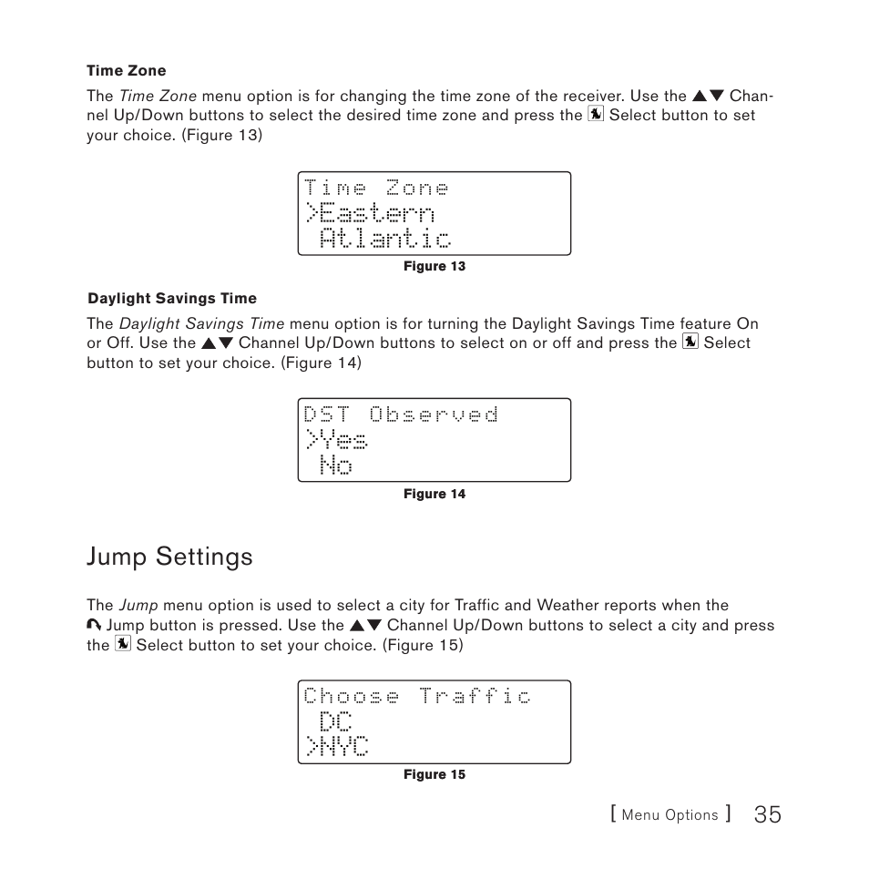 Jump settings, Eastern atlantic, Yes no | Dc >nyc | Sirius Satellite Radio SV3TK1C User Manual | Page 37 / 48