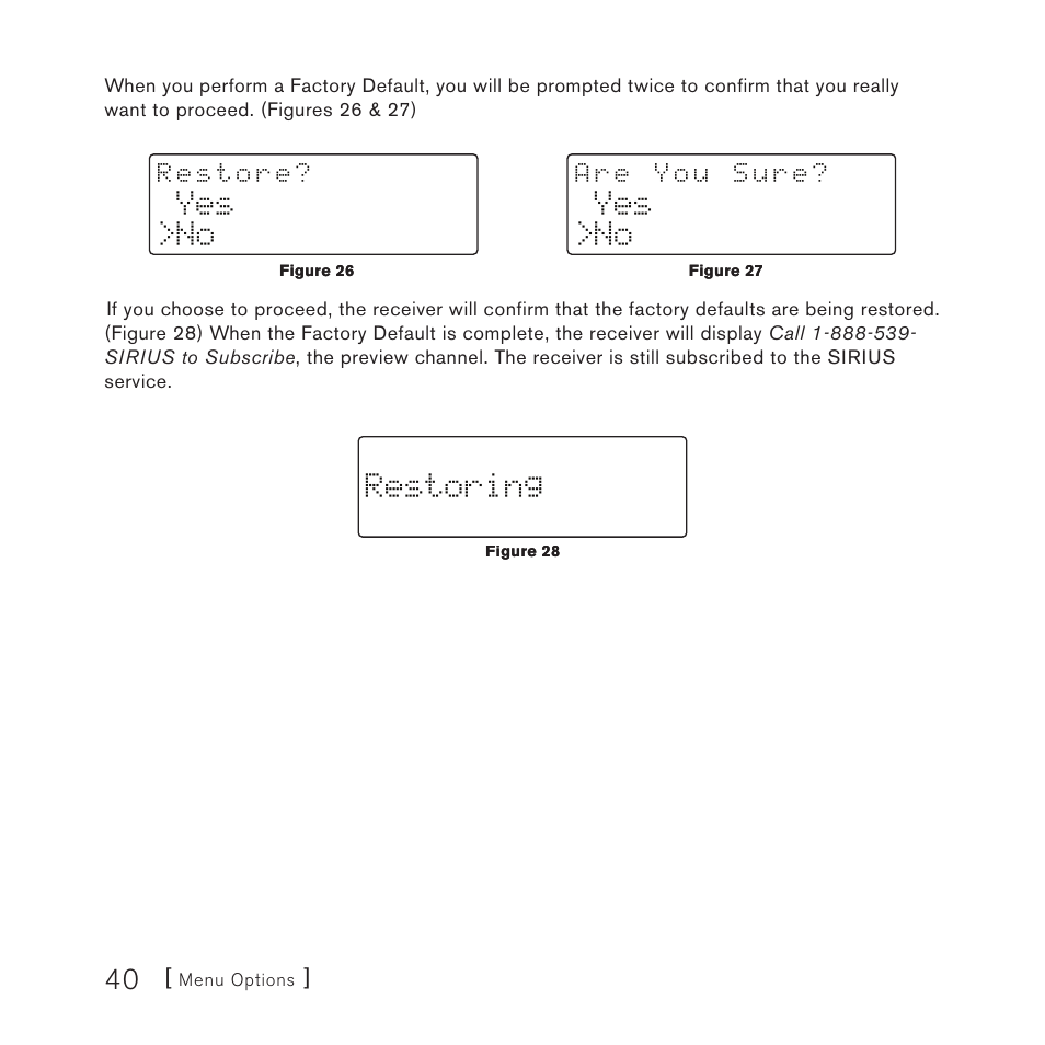 Yes >no, Restoring | Sirius Satellite Radio SV3TK1C User Manual | Page 42 / 48