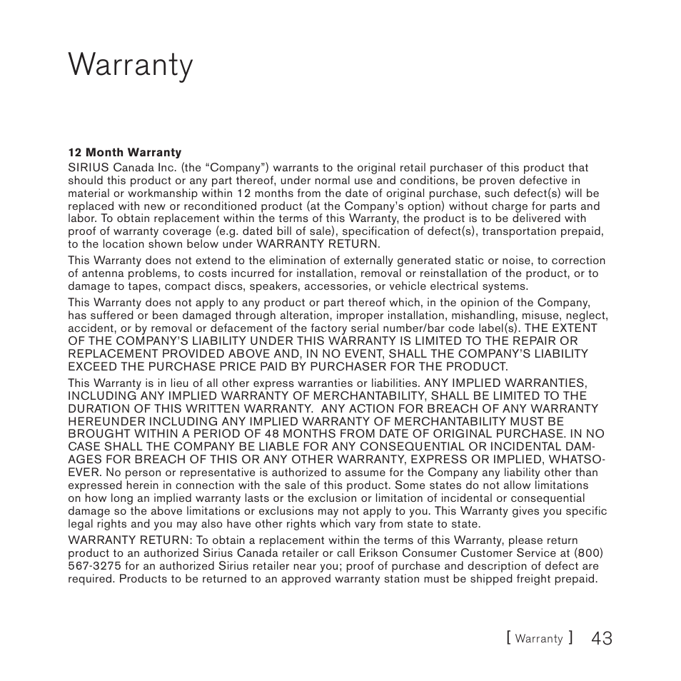 Warranty | Sirius Satellite Radio SV3TK1C User Manual | Page 45 / 48