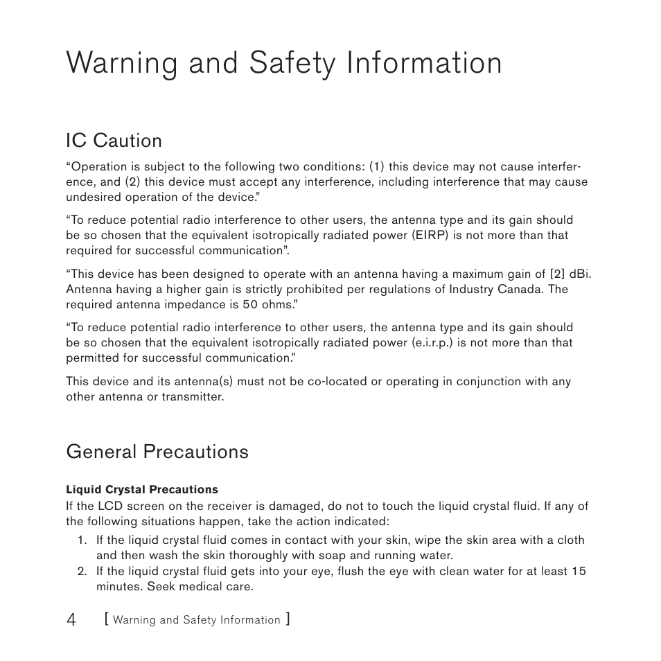 Warning and safety information, Ic caution, General precautions | Sirius Satellite Radio SV3TK1C User Manual | Page 6 / 48