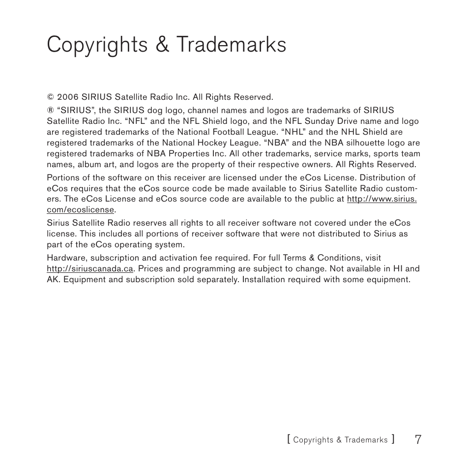 Copyrights & trademarks | Sirius Satellite Radio SV3TK1C User Manual | Page 9 / 48