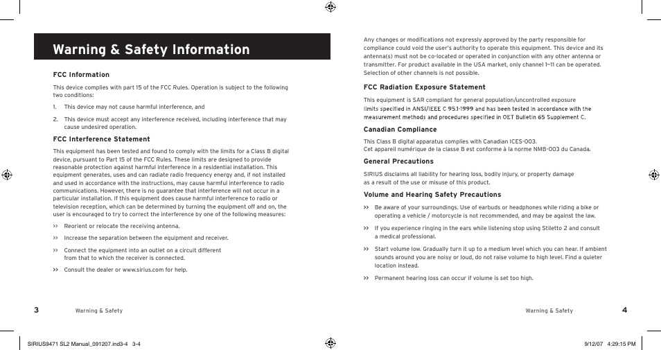 Warning & safety information | Sirius Satellite Radio Stiletto 2 SL2UG022508 User Manual | Page 4 / 54