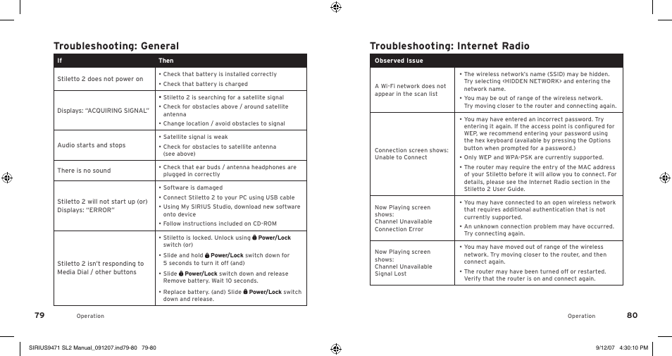 Troubleshooting: internet radio, Troubleshooting: general | Sirius Satellite Radio Stiletto 2 SL2UG022508 User Manual | Page 42 / 54