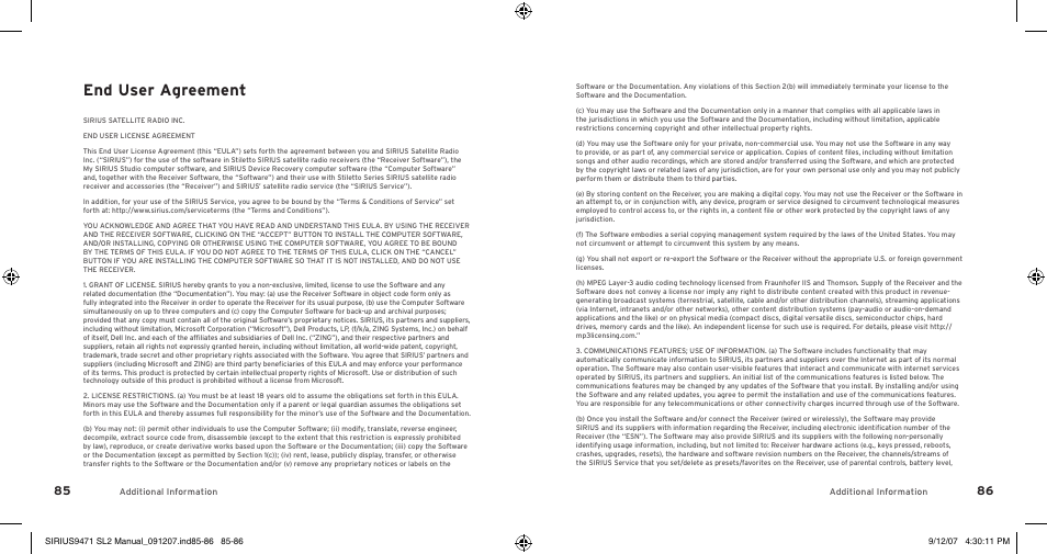 End user agreement | Sirius Satellite Radio Stiletto 2 SL2UG022508 User Manual | Page 45 / 54