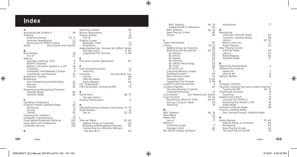 Index | Sirius Satellite Radio Stiletto 2 SL2UG022508 User Manual | Page 53 / 54
