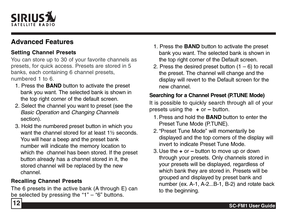 12 advanced features | Sirius Satellite Radio Sirius Starbase SC-FM1 User Manual | Page 12 / 36