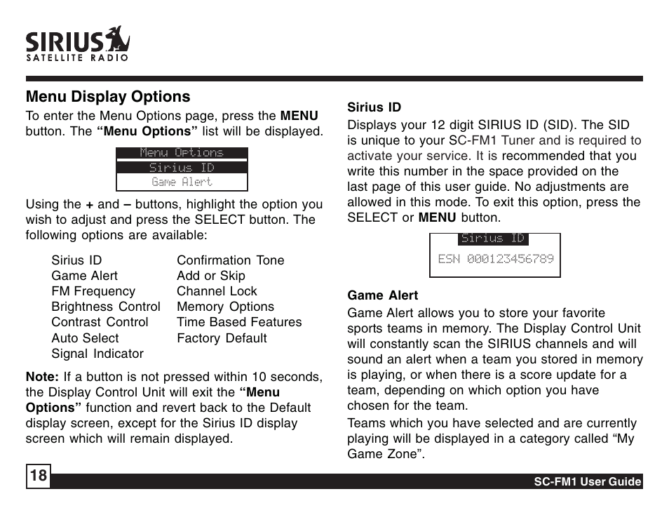 18 menu display options | Sirius Satellite Radio Sirius Starbase SC-FM1 User Manual | Page 18 / 36