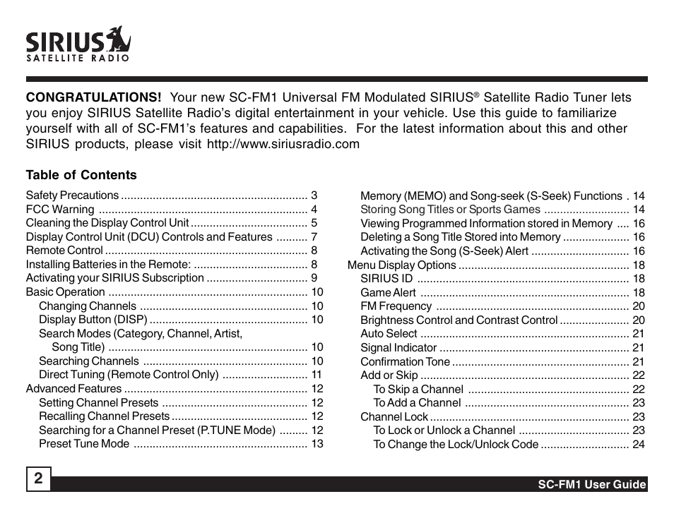 Sirius Satellite Radio Sirius Starbase SC-FM1 User Manual | Page 2 / 36