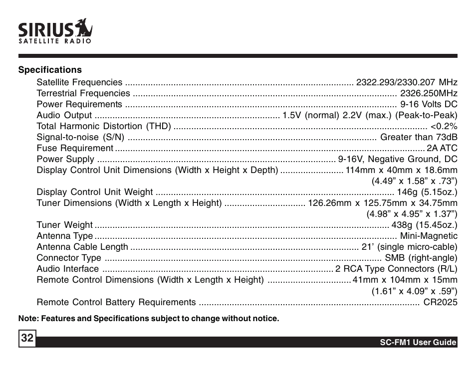 Sirius Satellite Radio Sirius Starbase SC-FM1 User Manual | Page 32 / 36