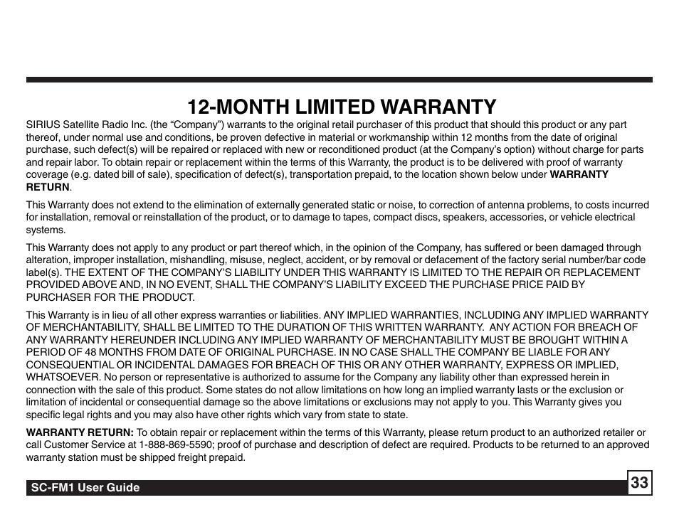 Month limited warranty | Sirius Satellite Radio Sirius Starbase SC-FM1 User Manual | Page 33 / 36