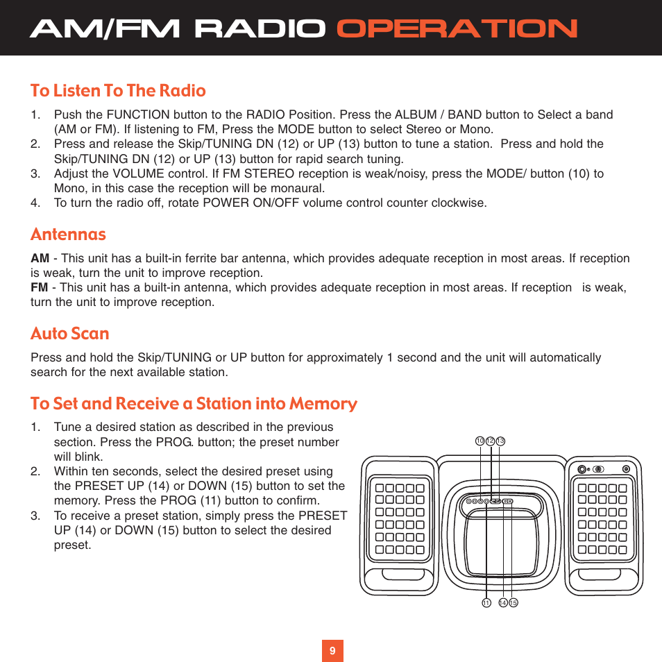 Am/fm radio operation, Antennas, Auto scan | Sirius Satellite Radio XS027 User Manual | Page 16 / 32