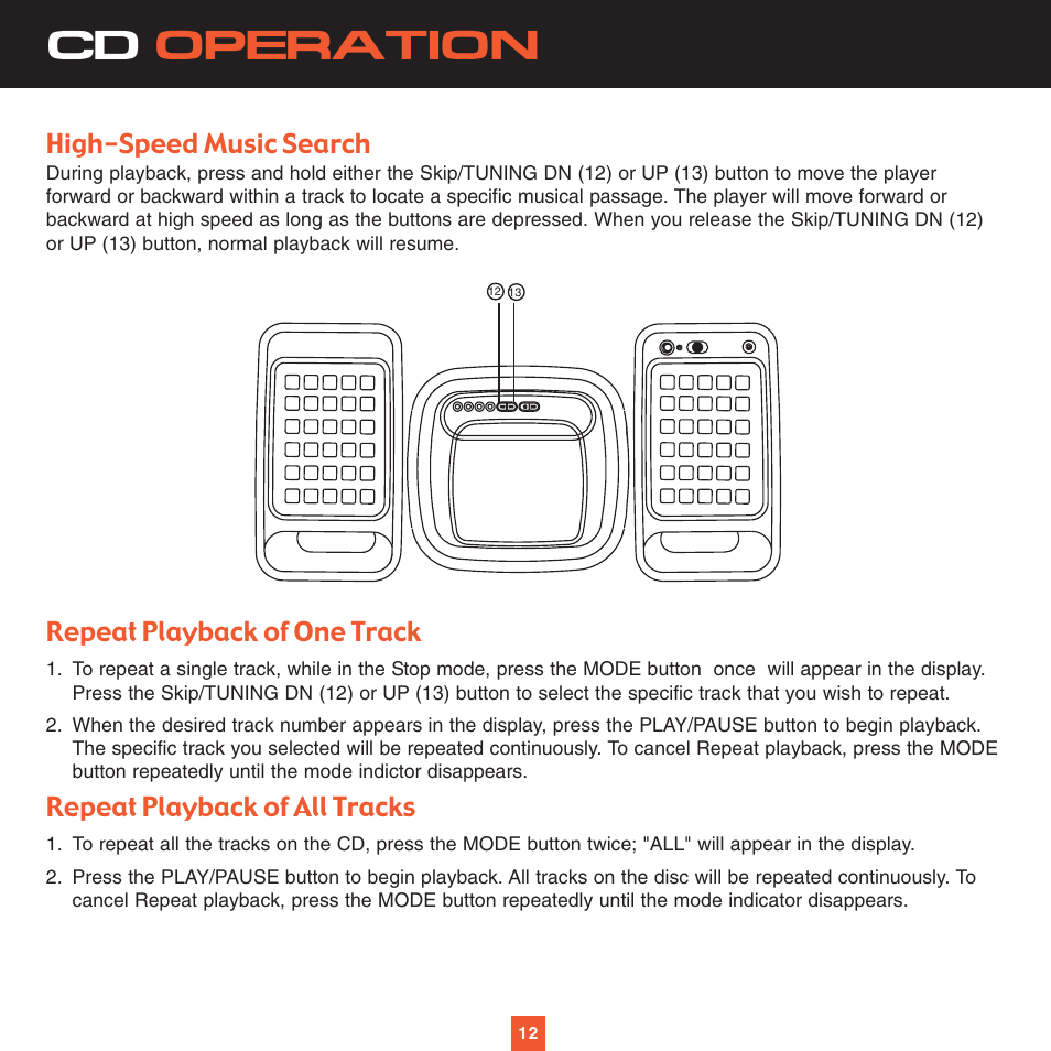 Cd operation, High-speed music search, Repeat playback of one track | Repeat playback of all tracks | Sirius Satellite Radio XS027 User Manual | Page 19 / 32