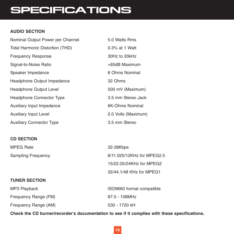 Specifications | Sirius Satellite Radio XS027 User Manual | Page 23 / 32