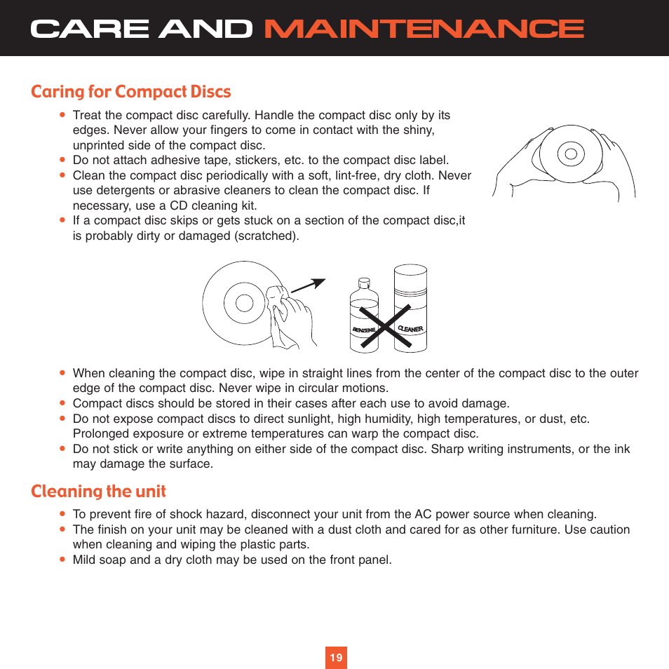 Care and maintenance, Caring for compact discs, Cleaning the unit | Sirius Satellite Radio XS027 User Manual | Page 26 / 32