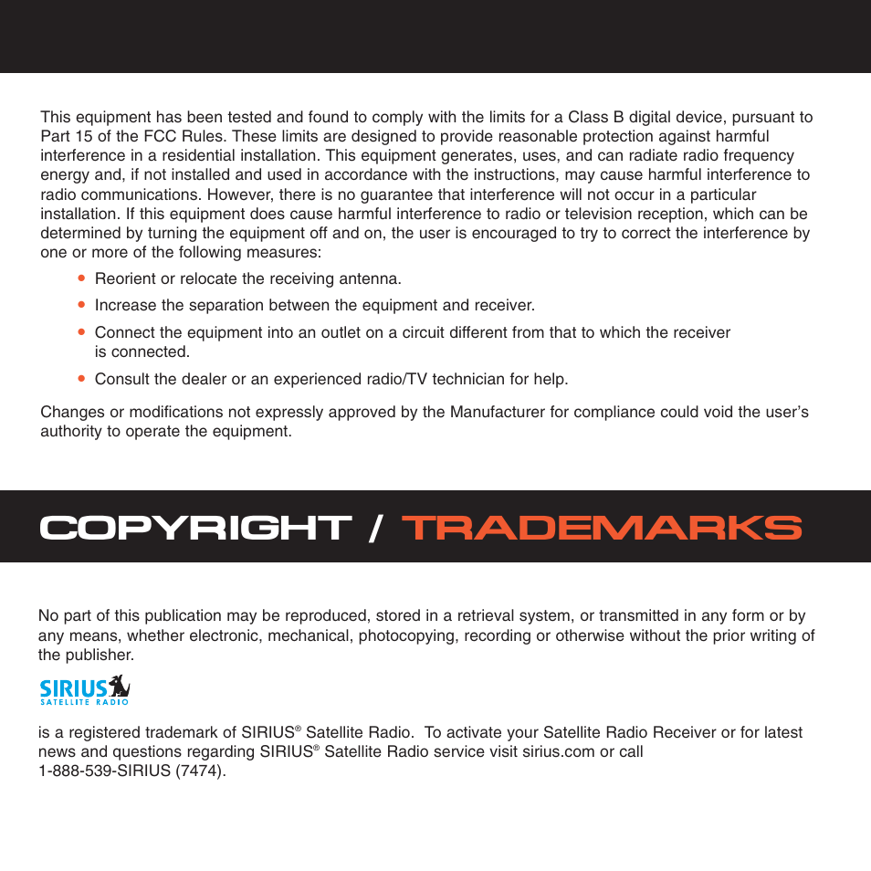 Copyright / trademarks | Sirius Satellite Radio XS027 User Manual | Page 3 / 32