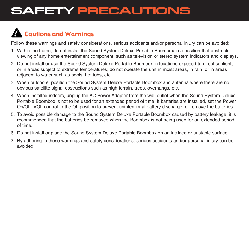 Safety precautions, Cautions and warnings | Sirius Satellite Radio XS027 User Manual | Page 4 / 32