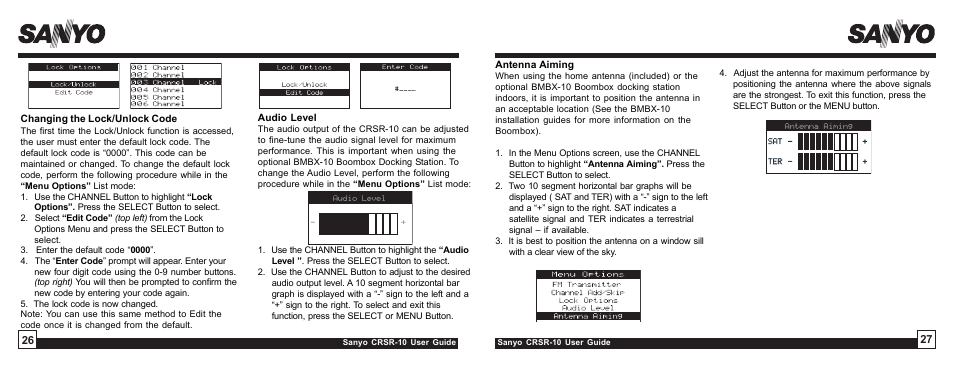 Antenna aiming, Changing the lock/unlock code, Audio level | Sirius Satellite Radio SIRIUS STILETTO 10 User Manual | Page 14 / 20