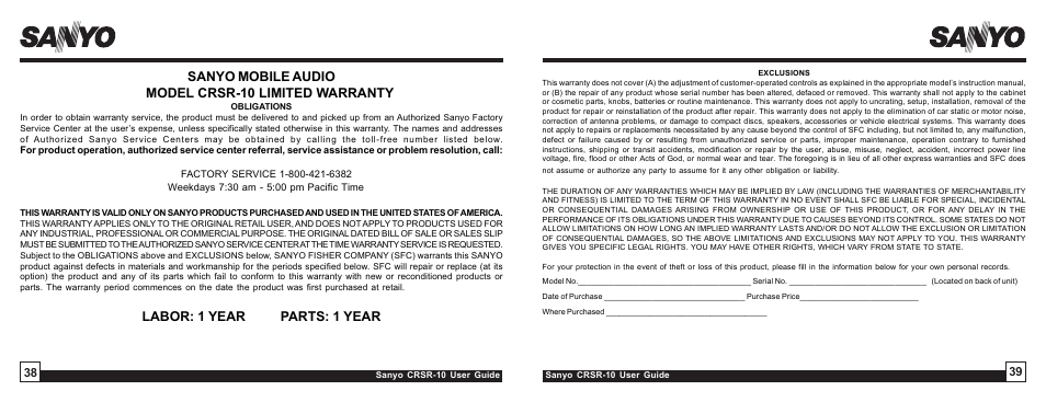 Sanyo mobile audio model crsr-10 limited warranty, Labor: 1 year parts: 1 year | Sirius Satellite Radio SIRIUS STILETTO 10 User Manual | Page 20 / 20